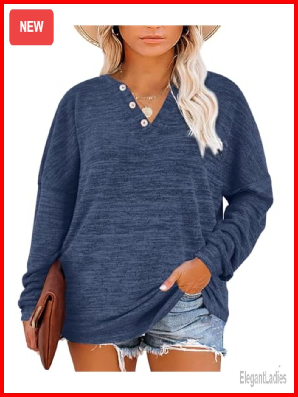 Womens Plus Size Long Sleeve Henley Tunic Top Oversized Loose Fit Casual